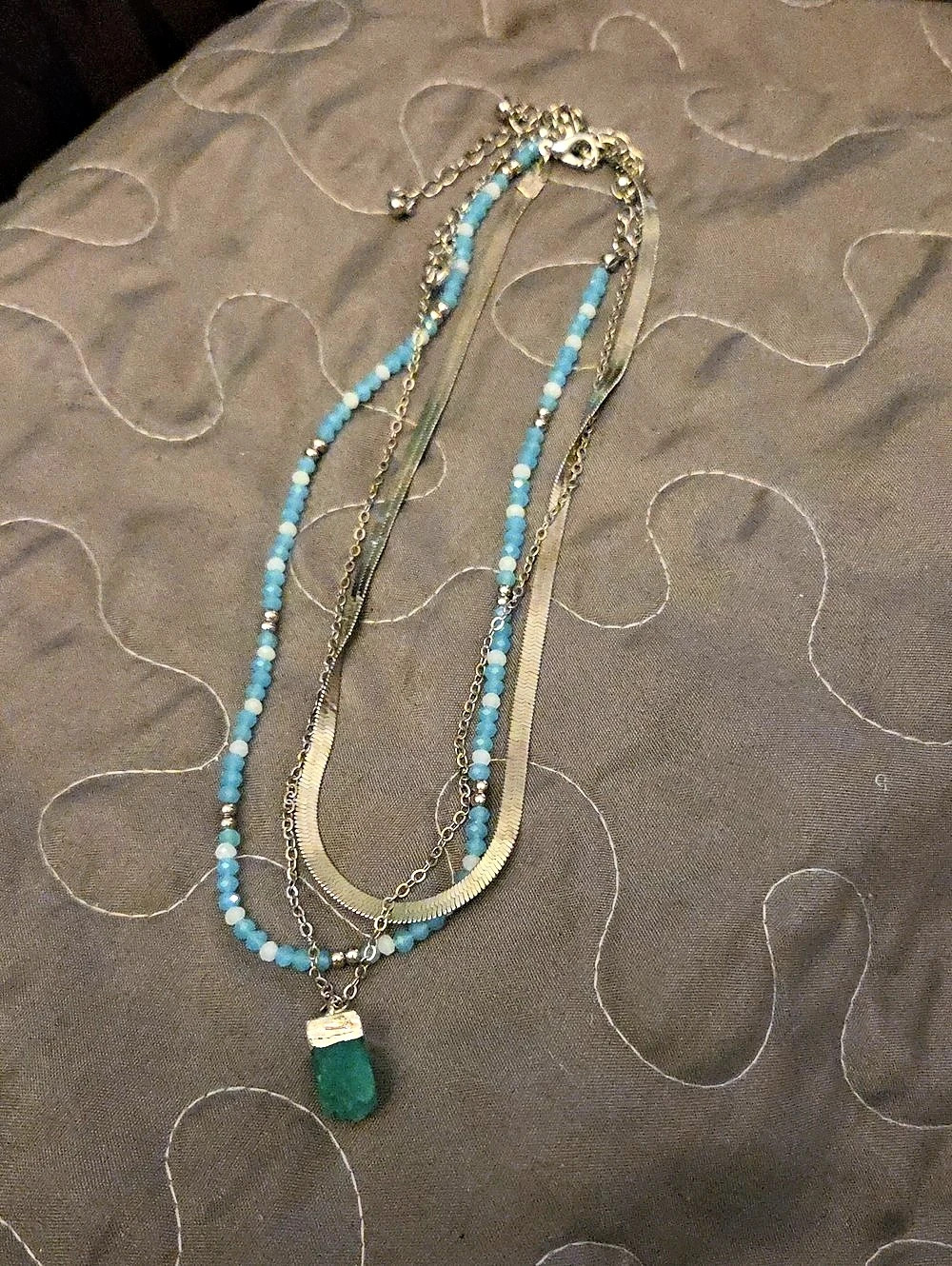Layered Blue Beaded Pendant Necklace